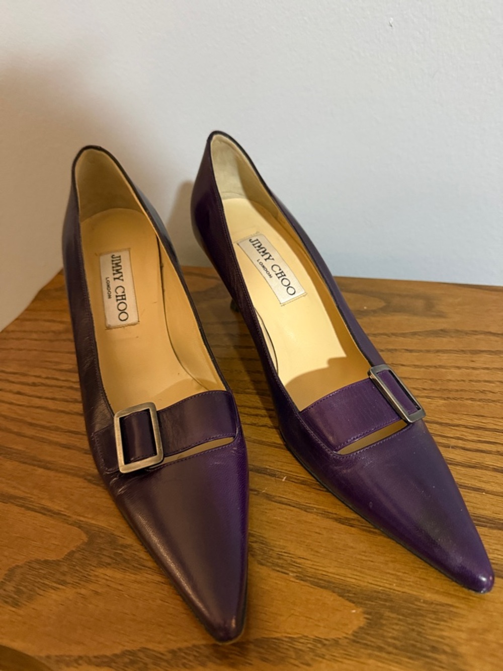 Jimmy Choo Purple Leather Pointed-Toe Buckle Kitten Heels